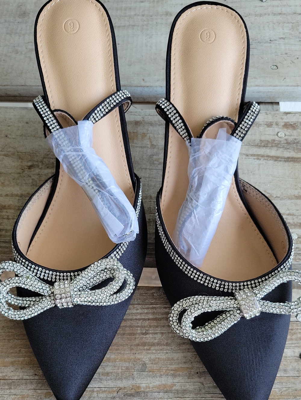 Women's Black Pointed Toe with Crystal Bow Heels Cruise Wedding Party